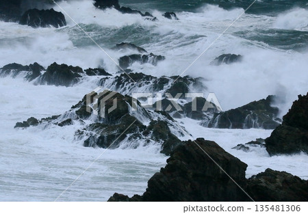 Stormy winter coast, rocks and big waves Stormy winter coast, rocks and big waves 135481306