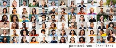 A vibrant collection of diverse individuals from various backgrounds smiling and expressing happiness. This portrait collage highlights the beauty of unity in diversity and joyful lifestyles. 135481374