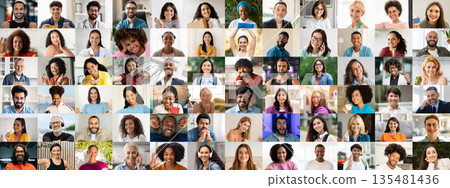 A colorful collage showcases a diverse group of happy individuals from various backgrounds, smiling brightly against different backdrops. A colorful collage showcases a diverse group of happy individuals from various backgrounds, smiling brightly against different backdrops. 135481436