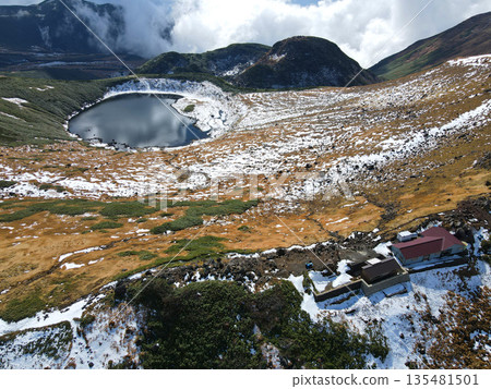Mount Chokai and Lake Chokai covered in their first snow Mount Chokai and Lake Chokai covered in their first snow 135481501