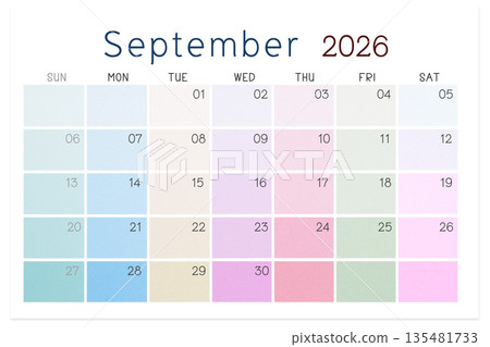 September 2026 calendar isolated on white background, Save clipping path. 135481733