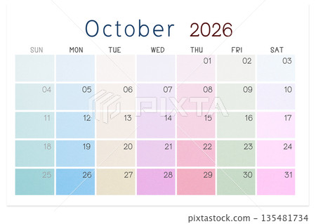 October 2026 calendar isolated on white background, Save clipping path. 135481734