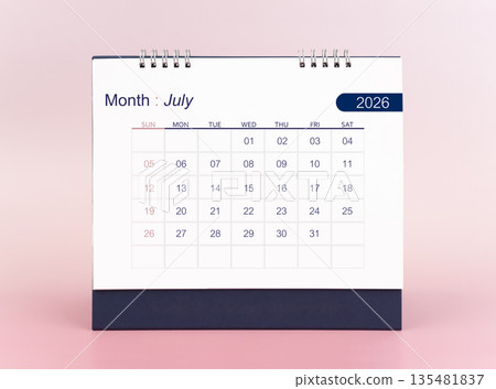July 2026 blank desk calendar on pink background. July 2026 blank desk calendar on pink background. 135481837