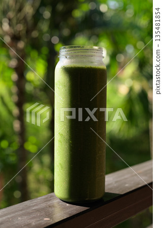 Green Smoothie Bottle with Tropical Leaves Background for Healthy Lifestyle Concept Green Smoothie Bottle with Tropical Leaves Background for Healthy Lifestyle Concept 135481854