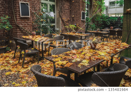 Autumn cafe with falling yellow leaves in rainy weather Autumn cafe with falling yellow leaves in rainy weather 135481984