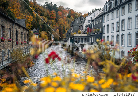 Picturesque Town Monschau with Historical Charm and the Tranquil Rur River in autumn 135481988
