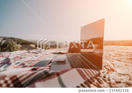 Laptop on a Plaid Blanket in a Scenic Landscape Laptop on a Plaid Blanket in a Scenic Landscape 135482116