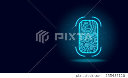 Cyber Deal Security Neon Biometric Fingerprint Scan with Particle Burst Data 135482120