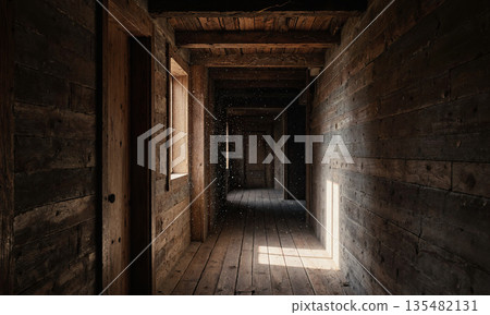 Rustic Attic Corridor - Narrow wooden attic hallway, dust motes in sunlight, cracked beams above, captured from low diagonal, palette Rustic Attic Corridor - Narrow wooden attic hallway, dust motes in sunlight, cracked beams above, captured from low diagonal, palette 135482131