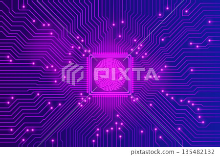 Neon Purple Biometric Interface Fingerprint Scanning Processor on Electric Blue Circuitry 135482132