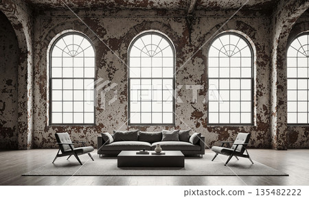 Historic Building Contrast. A wide shot of a sleek, modern living room built within a historic, industrial building. The original Historic Building Contrast. A wide shot of a sleek, modern living room built within a historic, industrial building. The original 135482222