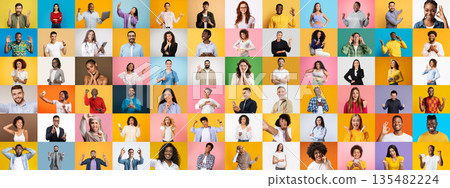 A lively collection of portraits featuring diverse individuals expressing a range of emotions. Set against colorful backgrounds, this compilation highlights the beauty of diversity and unity. A lively collection of portraits featuring diverse individuals expressing a range of emotions. Set against colorful backgrounds, this compilation highlights the beauty of diversity and unity. 135482224