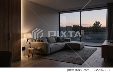 Calm Tech Living - A living room with hidden speakers and wireless charging; wide shot at twilight, soft ambient glow 135482297
