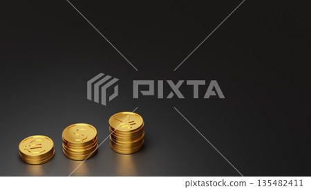 黑色背景左側排列一排金幣，右側留白。這張圖象徵著日圓資產的成長、成功和優質投資。 135482411