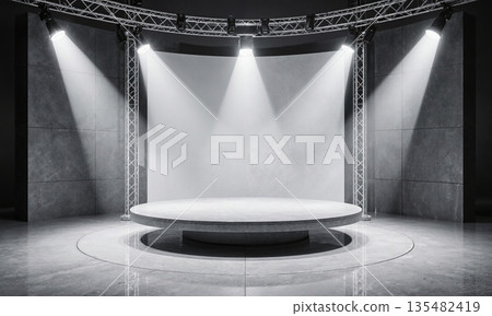 Automotive Display Void Rotating platform large enough for vehicle, dramatic spotlights creating cone patterns on empty platform, polished concrete reflecting 135482419