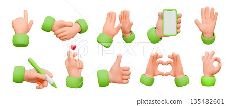 3D cartoon hands showing various gestures and actions 3D cartoon hands showing various gestures and actions 135482601