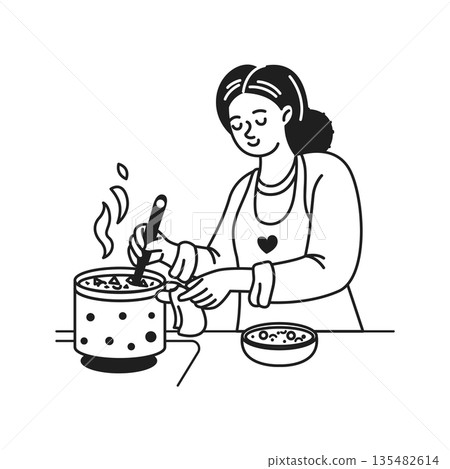 Woman Cooking Soup in Kitchen Line Drawing Style 135482614