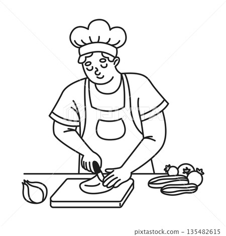 Chef preparing meal in kitchen illustration Chef preparing meal in kitchen illustration 135482615