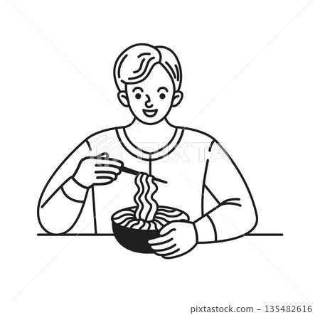 Line Drawing of Person Eating Noodles with Chopsticks Line Drawing of Person Eating Noodles with Chopsticks 135482616
