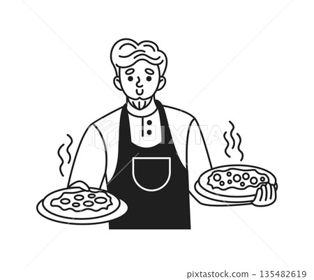 Chef with Pizzas in Black and White Illustration Chef with Pizzas in Black and White Illustration 135482619