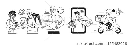 Black and White Illustrations of Delivery Services 135482628