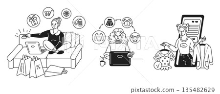 Online Shopping Cartoon Characters on Devices 135482629