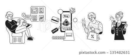 Illustration of People Engaging in Online Shopping Illustration of People Engaging in Online Shopping 135482631