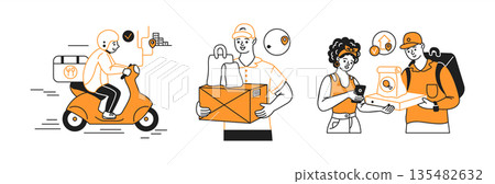 Illustration of Delivery Service Process in Orange Tones 135482632