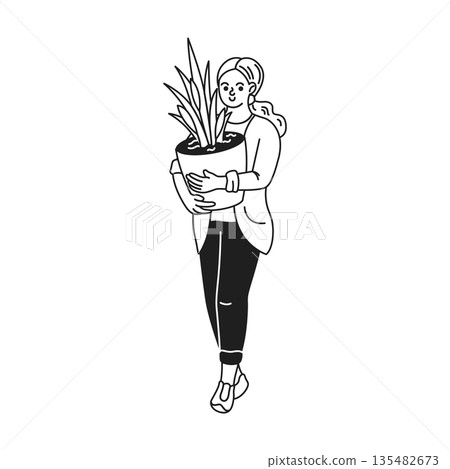 Woman Holding Potted Plant Sketch Illustration Woman Holding Potted Plant Sketch Illustration 135482673