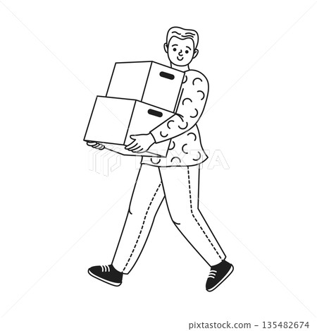 Person Carrying Boxes Line Art Illustration 135482674