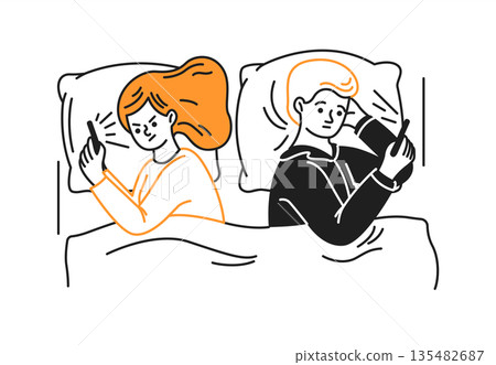 Couple in Bed Using Smartphones at Night 135482687