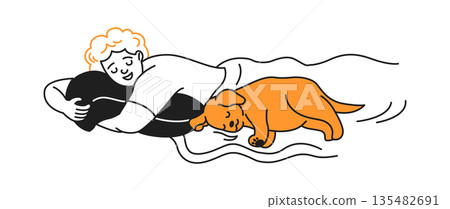 Person Sleeping with Puppy in Cozy Bed 135482691