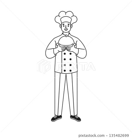 Smiling Chef Holding Covered Dish in Uniform Smiling Chef Holding Covered Dish in Uniform 135482699