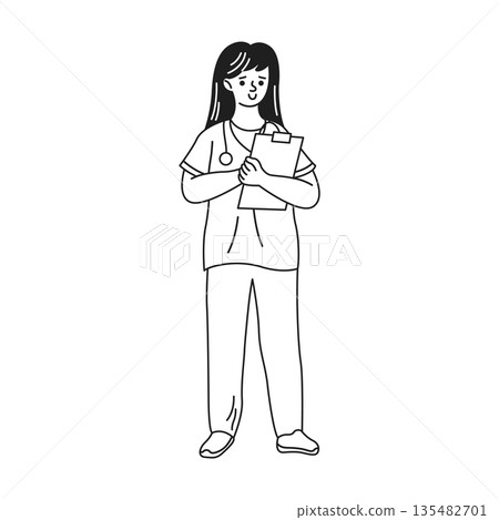 Line Drawing of a Medical Professional with Clipboard Line Drawing of a Medical Professional with Clipboard 135482701