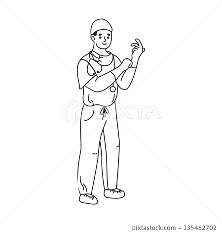 Outline Drawing of a Doctor Putting on Gloves Outline Drawing of a Doctor Putting on Gloves 135482702