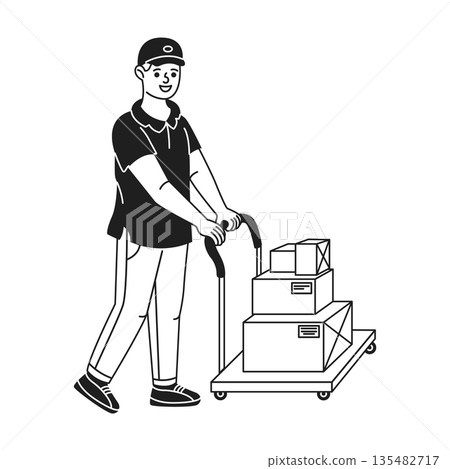 Delivery Worker Transporting Boxes with Trolley 135482717