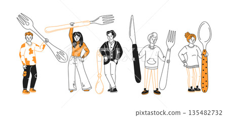 Group of Cartoon Characters Holding Giant Cutlery 135482732
