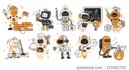 Set of Cartoon Robots in Various Professions Set of Cartoon Robots in Various Professions 135482735