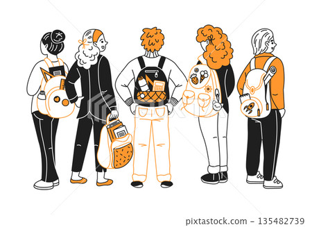 Illustration of diverse students with backpacks Illustration of diverse students with backpacks 135482739