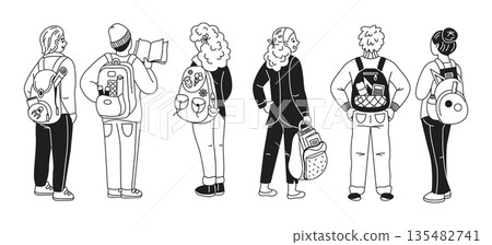 Group of Students with Backpacks in Line Art Group of Students with Backpacks in Line Art 135482741