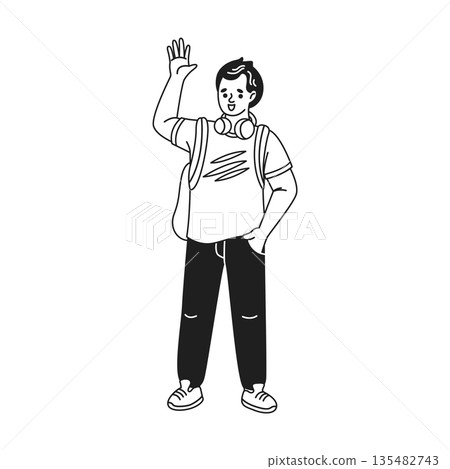 Young man waving wearing headphones and backpack 135482743