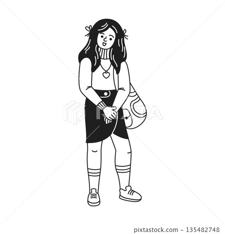 Black and White Illustration of a Smiling Girl Black and White Illustration of a Smiling Girl 135482748