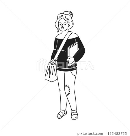 Stylish Woman Carrying Books and Bag 135482755