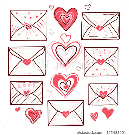 Cute doodle set of hand drawn envelopes and pink and red hearts. Valentine's Day vector illustrations. Cute doodle set of hand drawn envelopes and pink and red hearts. Valentine's Day vector illustrations. 135482901