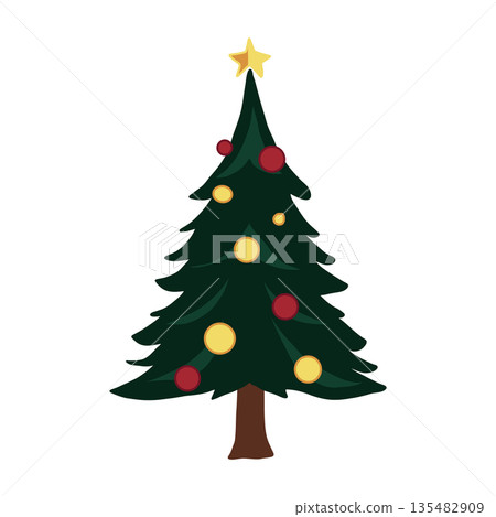 Cute Christmas tree with decorative balls and garlands. Hand drawn vector illustration. Cute Christmas tree with decorative balls and garlands. Hand drawn vector illustration. 135482909