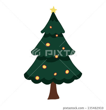 Cute Christmas tree with decorative balls and garlands. Hand drawn vector illustration. Cute Christmas tree with decorative balls and garlands. Hand drawn vector illustration. 135482910
