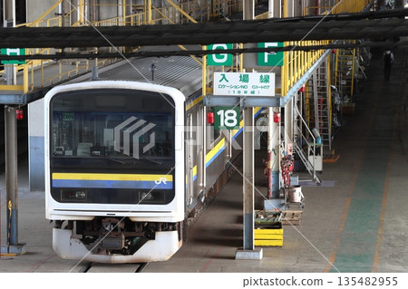Chiba-area 209 series train undergoing inspection at the Omiya General Rolling Stock Center (Omiya Ward, Saitama City, Saitama Prefecture) Chiba-area 209 series train undergoing inspection at the Omiya General Rolling Stock Center (Omiya Ward, Saitama City, Saitama Prefecture) 135482955