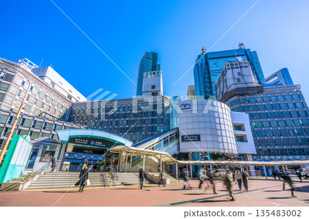 Tokyo cityscape, Japan, January 14th. View of Yurikamome's Shimbashi Station and the buildings of Shiodome. 135483002