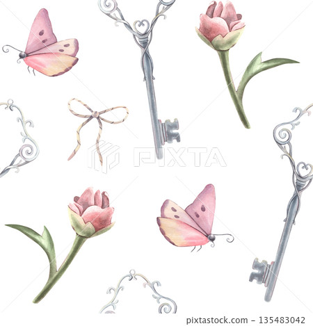 Seamless pattern, vintage key, butterflies, peony bud. Hand-painted watercolor illustration isolated on white for textile, packaging, stationery, wallpaper, branding, wedding design, romantic decor Seamless pattern, vintage key, butterflies, peony bud. Hand-painted watercolor illustration isolated on white for textile, packaging, stationery, wallpaper, branding, wedding design, romantic decor 135483042