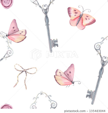 Seamless pattern, vintage metal key, bow, butterflies. Hand-painted watercolor illustration isolated on white for textile, packaging, stationery, wallpaper, branding, wedding design, romantic decor Seamless pattern, vintage metal key, bow, butterflies. Hand-painted watercolor illustration isolated on white for textile, packaging, stationery, wallpaper, branding, wedding design, romantic decor 135483044